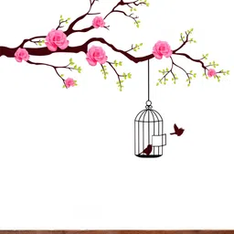 Aura Rose & Green Branch with Bird Cage Printed Self Adhesive Wall Sticker image 3