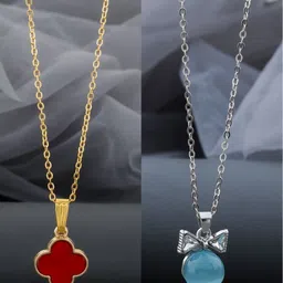 Birado Jewellery Set Of 2 Steel Gold-Plated Stones Studded Geometric Pendants With Chains-image-30