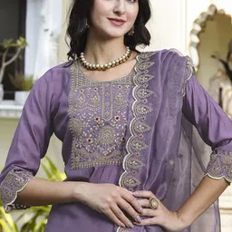 Kedar Fab Women Cotton Blend Embroidered Kurta Sets With Dupatta image 3