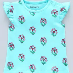 Babyoye Cap Sleeves Organic Cotton Tops Floral Print Pack of 2 - Pink Sea Green image 4