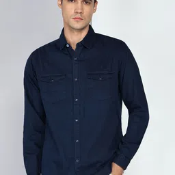 Kuons Avenue Men Smart Spread Collar Solid Denim Slim Fit Casual Shirt-image-54
