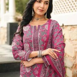 AHIKA Floral Printed Round Neck Straight Kurta With Trousers & Dupatta image 4