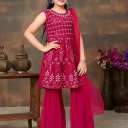 Muhuratam Girls Ethnic Wear Rani Colour Sequin Embroidery Georgette Kurti Sharara Set-image-25