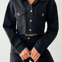 Fashion Gaiia Women Spread Collar Abstract Printed Casual Denim Jacket-picture-10