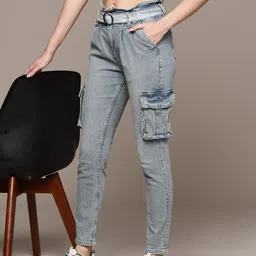 he Roadster Lifestyle Co. Women High-Rise Light Fade Stretchable Mom Fit Cargo Style Jeans-image-1