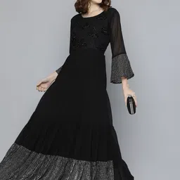 Kvsfab Black Embellished Boat Neck Bell Sleeves Georgette Party Fit & Flare Maxi Dress image 2