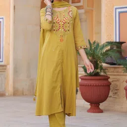 Rain & Rainbow Floral Embroidered Mirror Work Pure Cotton Kurta With Trousers & Dupatta image 2