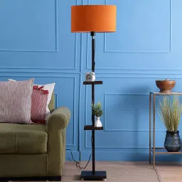 Sanded Edge Orange Miller Double Shelf Floor Lamp in Solid Wood with Natural Wood Color Base image 2