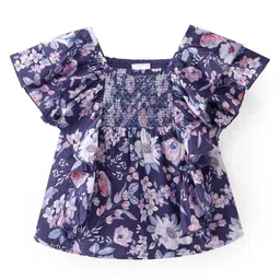 Babyhug Rayon Woven Half Sleeves Top With Smocking & Frill Detailing Floral Print - Purple-picture-16