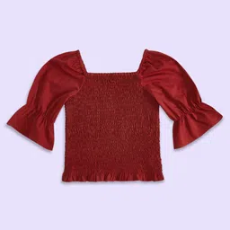 Pantaloons Junior Cotton Half Peasant Sleeves Smock Detailed Top - Mineral Red-picture-28