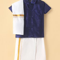 Dapper Dudes Half Sleeves Solid Shirt With Mundu & Angavastram Set - Navy Blue-picture-21