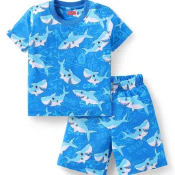 Babyhug Cotton Knit Half Sleeves Short Night Suitwith Whale Print - Blue-picture-24