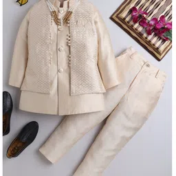 Ahhaaaa Brocade Full Sleeves Solid Kurta Pyjama With Sequin Embellished & Embroidered Jacket & Maala Set - Gold image 1
