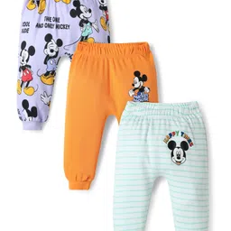 Babyhug Disney 100% Cotton Full Length Diaper Leggings With Mickey Mouse And Family Graphics Pack Of 3 - Orange Lavender & Light Green-image-71