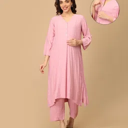 The Mom Store Rayon Knit Three Fourth Sleeves Abstract Printed Maternity & Nursing Kurta With Coordinating Pant Set - Pink-image-91