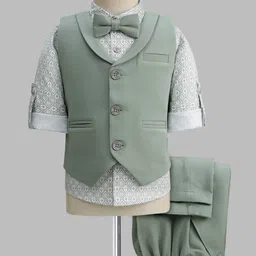Robo Fry Cotton Woven Full Sleeves Printed 3 Piece Party Suit With Bow - Olive Green-picture-10