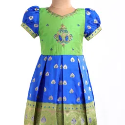 Enfance Half Puffed Sleeves Paisley Embroidered Banarasi Printed Pattu Pavadai Dress - Navy Blue-image-32
