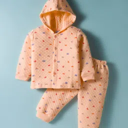 Tango Knit Full Sleeves Hooded Winter Wear Co-ords Night Suit With Vehicle Print - Peach-picture-32