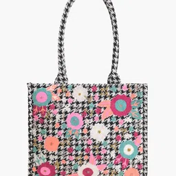 Boho girl Houndstooth Chic Tote Bag - with Magnetic Button Closure, Colorful Embroidered Details, Extra Inner Space, and Convenient Pockets for Daily Use-image-10
