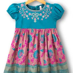 Babyhug Brocade Woven Half Sleeves Ethnic Dress With Floral Embroidery & Print - Fuschia-picture-14