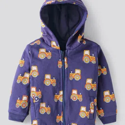 Bonfino 100% Cotton French Terry Knit Full Sleeves Front Open Hooded Sweatjacket with Vehicles Print - Blue image 2