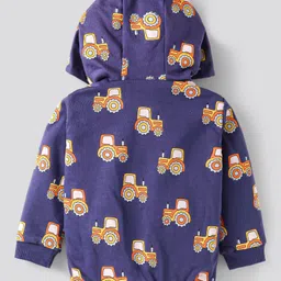 Bonfino 100% Cotton French Terry Knit Full Sleeves Front Open Hooded Sweatjacket with Vehicles Print - Blue image 3