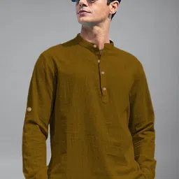 APEKTRA Band Collar Roll-Up Sleeves Straight Short Kurta-picture-10
