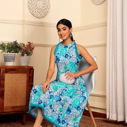 Varanga Floral Print Halter Neck Fringed A-Line Dress image 5