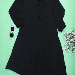 V-Mart Girls Tie-Up Neck Pleated Puff Sleeves A-Line Midi Dress-image-5