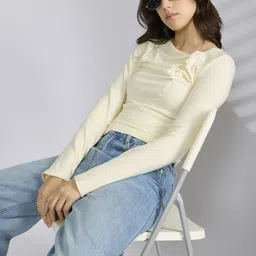 SHOWOFF Women Cream Solid Cotton Blend Tops-picture-40