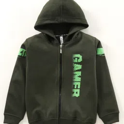 Earth Conscious Full Sleeves Gamer Placement Text Printed Color Blocked Fleece Hoodie Sweatshirt Jacket - Olive Green-picture-14
