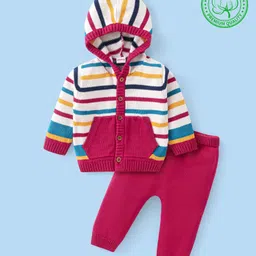 Babyhug Cotton Knit Full Sleeves Front Open Hooded Sweater Set with Stripes Design - Red-picture-14