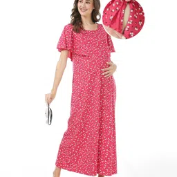 Bella Mama Cotton Knit Half Sleeves Concealed Zipper  Nighty with Floral Print - Coral-image-92