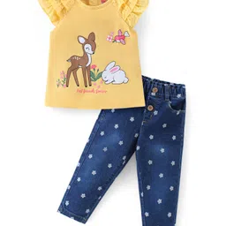 Babyhug Single Jersey Knit Frill Sleeves Top & Jeans Set Animal Print - Yellow-picture-25