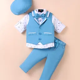 Robo Fry Lycra Knit Full Sleeves Printed 3 Piece Party Suit With Bow & Hat - Light Blue-picture-11
