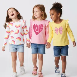Bonfino 100% Cotton Knit Full Sleeves T-Shirts with Heart & Rainbow Print and Frill Detailing Pack of 3 - Yellow Pink & White-picture-13