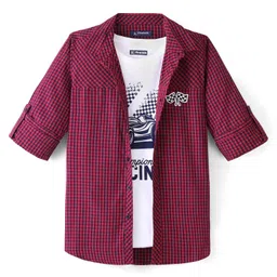 Pine Kids 100% Cotton Full Sleeves Checks Shirt With T-Shirt - Dark Red & White-picture-15