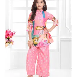 Ministitch Cotton Blend Woven Three Fourth Sleeves Floral Printed Kurti & Palazzo Set - Pink-picture-17