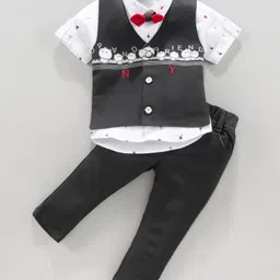 Dapper Dudes Half Sleeves Trees Printed 3 Piece Party Suit With Bow - Dark Grey-picture-15