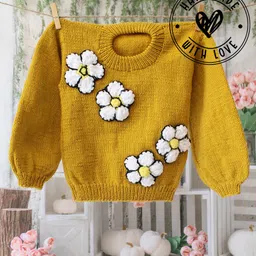 Woonie Hand Knit Full Sleeves Floral Applique Detailed Sweater - Mustard-picture-13
