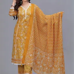 PARTHVI Women Floral Printed Regular Mirror Work Pure Cotton Kurta with Trousers & Dupatta-picture-22