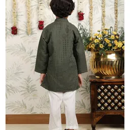 Polka Tots Cotton Woven Full Sleeves Ikat Printed Pathani Kurta Pyjama Set - Green image 3