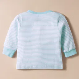 Simply Sinker Knit Full Sleeves Striped Front Open Night Suit With Teddy Bear Print - Light Blue image 3