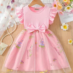 INCLUD Girl Floral Print Round Neck Flutter Sleeves Fit & Flare Dress-picture-43