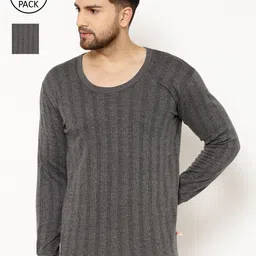 mack jonney VIMAL JONNEY Men Pack Of 2 Charcoal Grey Striped Thermal Tops-picture-13