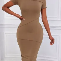 Outzidr Women Solid Round Neck Bodycon Midi Dress image 3