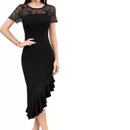 TESSAVEGAS Floral Embroidered Ruffled Sheath Midi Dress-picture-12