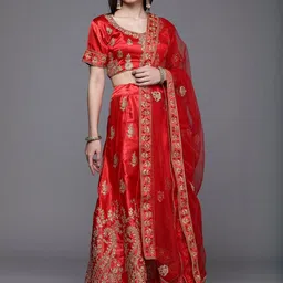 Suha Women Red Satin Embroidered Unstitched Lehenga Choli-picture-39