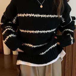 StyleCast x Revolte Striped Self Design Round Neck Pullover Sweater-image-87