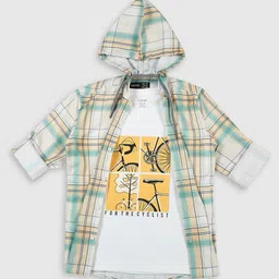 CAVIO Cotton Full Sleeves Checked Hooded Shirt With Tee - Lemon-picture-15